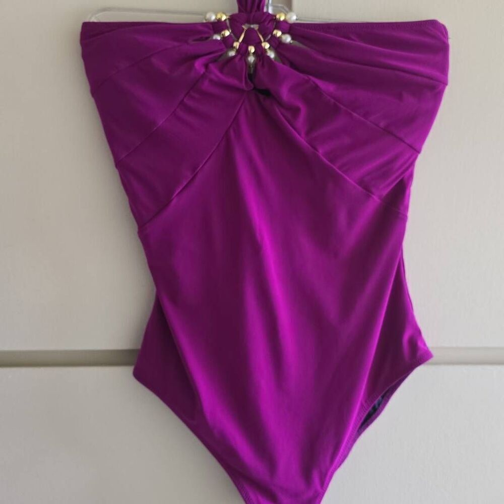 Vtg. Gottex Fuchsia Bandeau 1 PC w/ Gold/Pearl 1/2 Sunburst Ornament, NWOT, Sz10